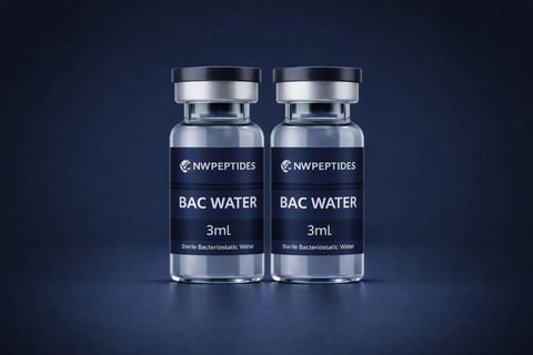 Two NW Peptides BAC Water vials, each 3ml, with dark caps on a blue background